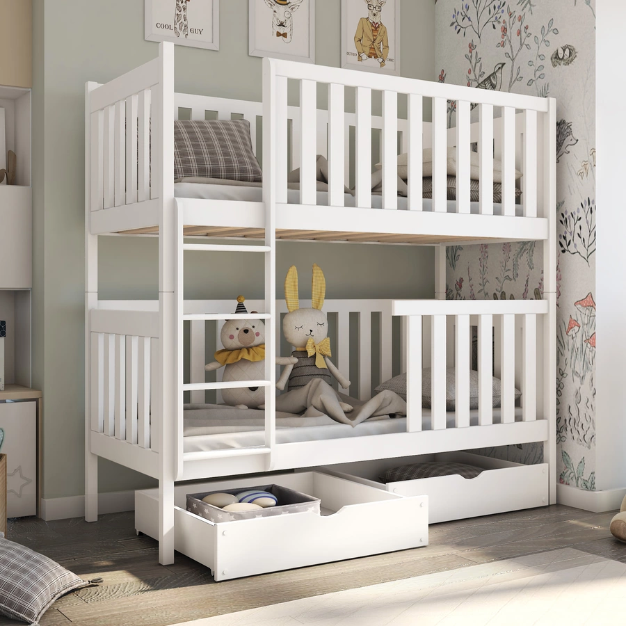 Kids Collective Hochbett 80x180 | 90x200 Etagenbett umbaubar in 2 Einzelbetten, Schubladen weiß
