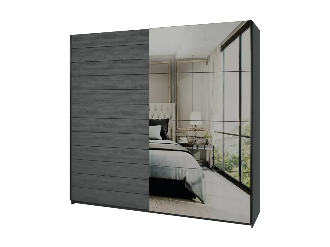 Chambre à coucher FLOYD : Armoire 200cm, Lit 160x200, commode, chevets. Coloris gris effet bois.
