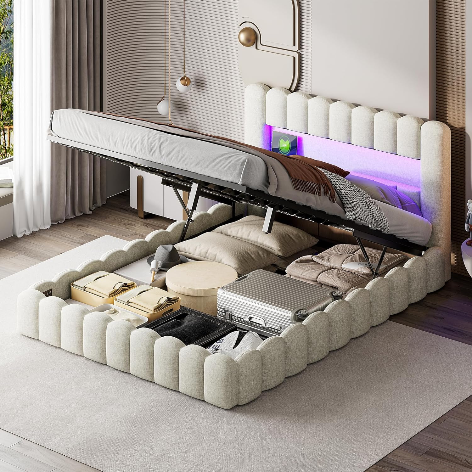 Polsterbett 180x200, Bubble Bett mit Hydraulischem Stauraum, USB-Ladefunktion und LED-Beleuchtung, Doppelbett Bettgestell (Beige Leinen, Ohne Matratze)