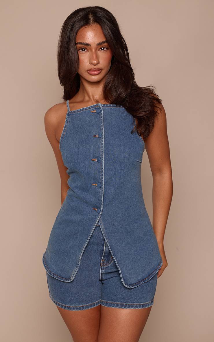 Mid Blue Wash Haut En Denim Ajusté À Encolure Carrée En Denim Stretch Bleu Moyen Petite