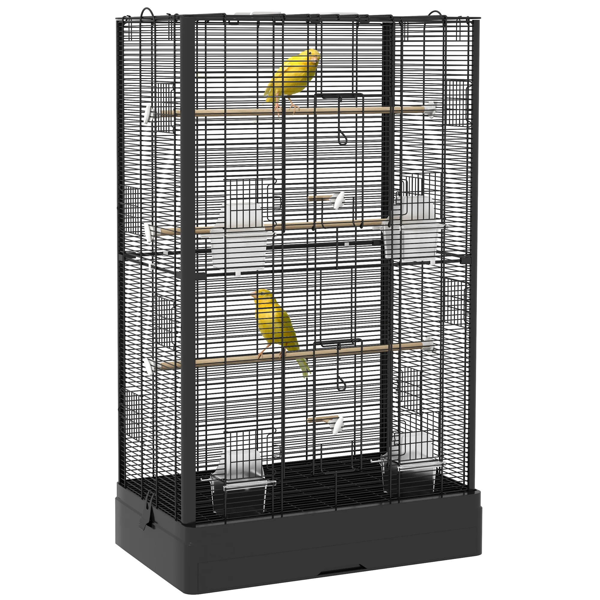 Gaiola PawHut para pássaros, 61x36,5x98 cm, com portas, poleiros, bandeja removível, comedouros e alças. Ideal para calopsitas, periquitos, canários e canários. Cor: preta.