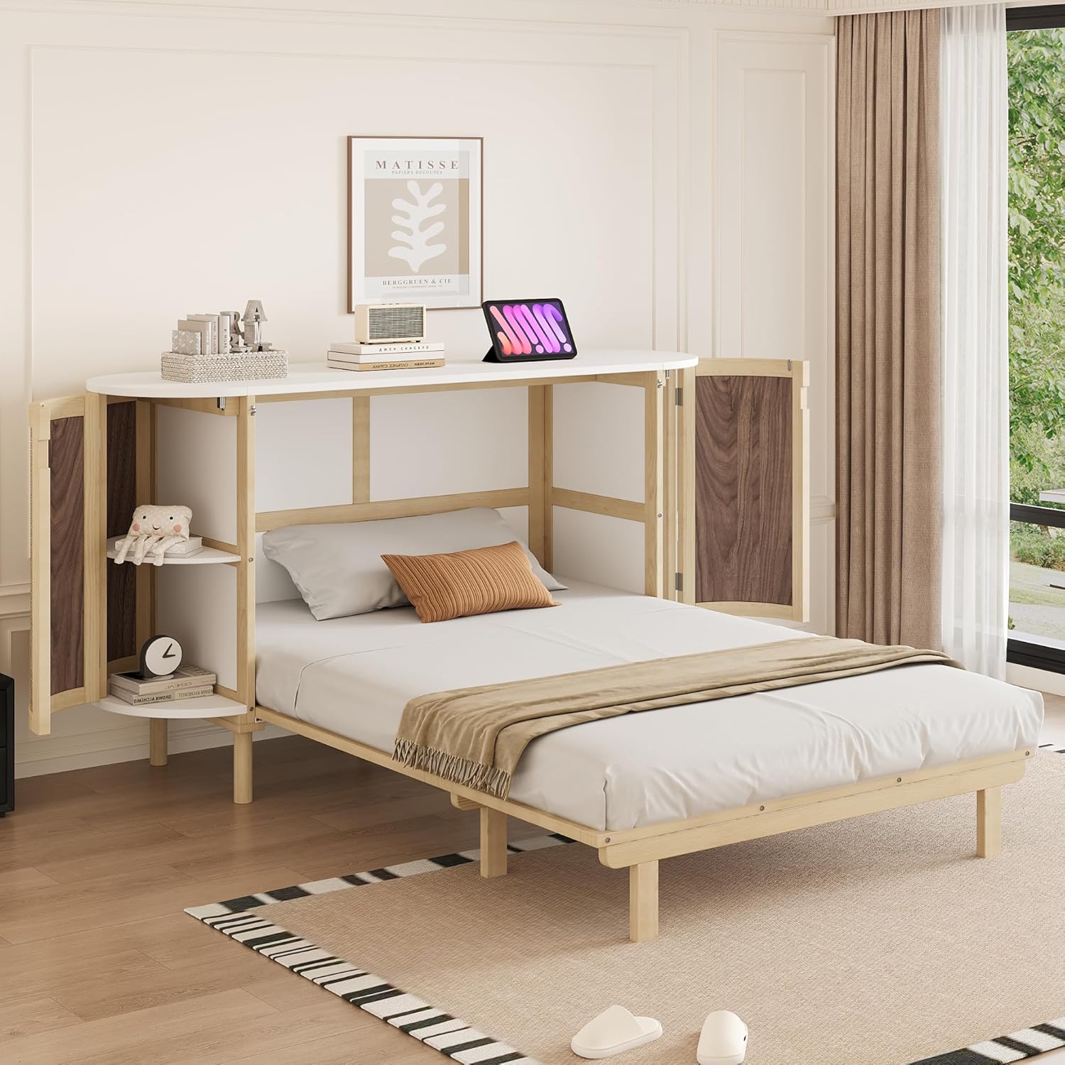 Bladez Mobiles Schrankbett 140x200- Wandbett mit USB, Steckdose und Lattenrost, Schrank mit Klappbett - Wandklappbett - Murphy Bed - Bettschrank， Ohne Matratze (Wood, 140x200cm)