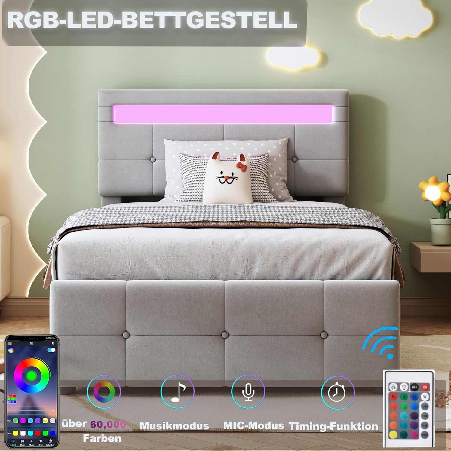 Boxspringbett Polsterbett 90x200 cm, Hydraulisches Stauraumbett mit LED Beleuchtung und Lattenrost, Bett mit Bettkasten und verstellbares Kopfteil, Einzel-Hochboxbett Jugendbett, Grau, ohne Matratze