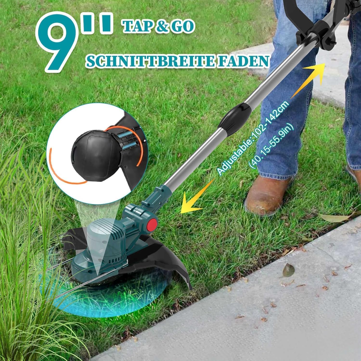 Rasentrimmer mit Akku 21 V, Freischneider Akku, Freischneider mit Unkrautbürste, 4-in-1 Rasentrimmer Akku, teleskopischer Griff für den Garten, Rasen- und Unkrautbeschnitt, Blau