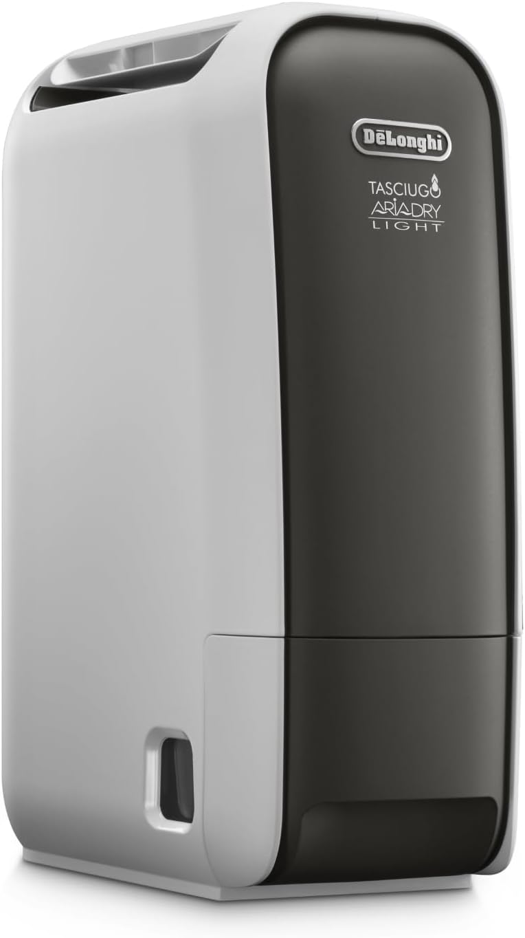 De'Longhi Tasciugo AriaDry Light - Tragbarer Luftentfeuchter, Zeolith-Technologie, Ionisator, 6L/Tag Feuchtigkeitsentzug, Wäschetrockner, Anti-Schimmel, Swing-Funktion, Timer, Grau (DNS65)