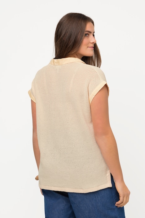Pullover, Lochstrick, Polokragen, Halbarm, Biobaumwolle