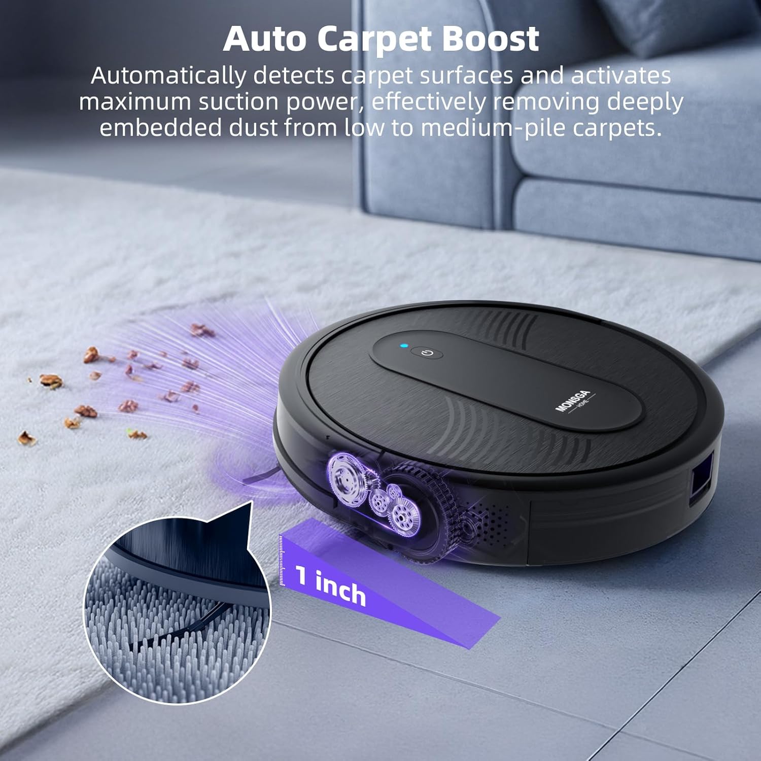 MONSGA Saugroboter mit Wischfunktion 4000PA, Saug und Wischroboter 3 in 1 mit 2 Bürsten,140Min Laufzeit, Staubsauger Roboter mit Auto-Teppich-Boost für Tierhaare Teppich Böden, APP Steuerung