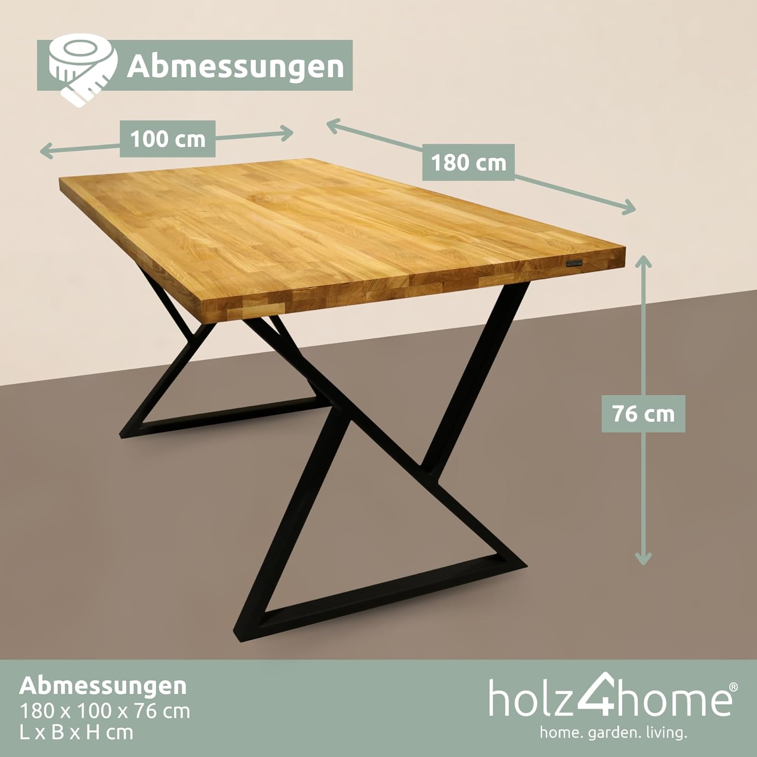 holz4home® Massivholztisch Eiche I Ohne Baumkante I Mit Aufdopplung I inkl. Tischgestell (Doppel-Dreieck-Gestell, 180 x 100 cm)