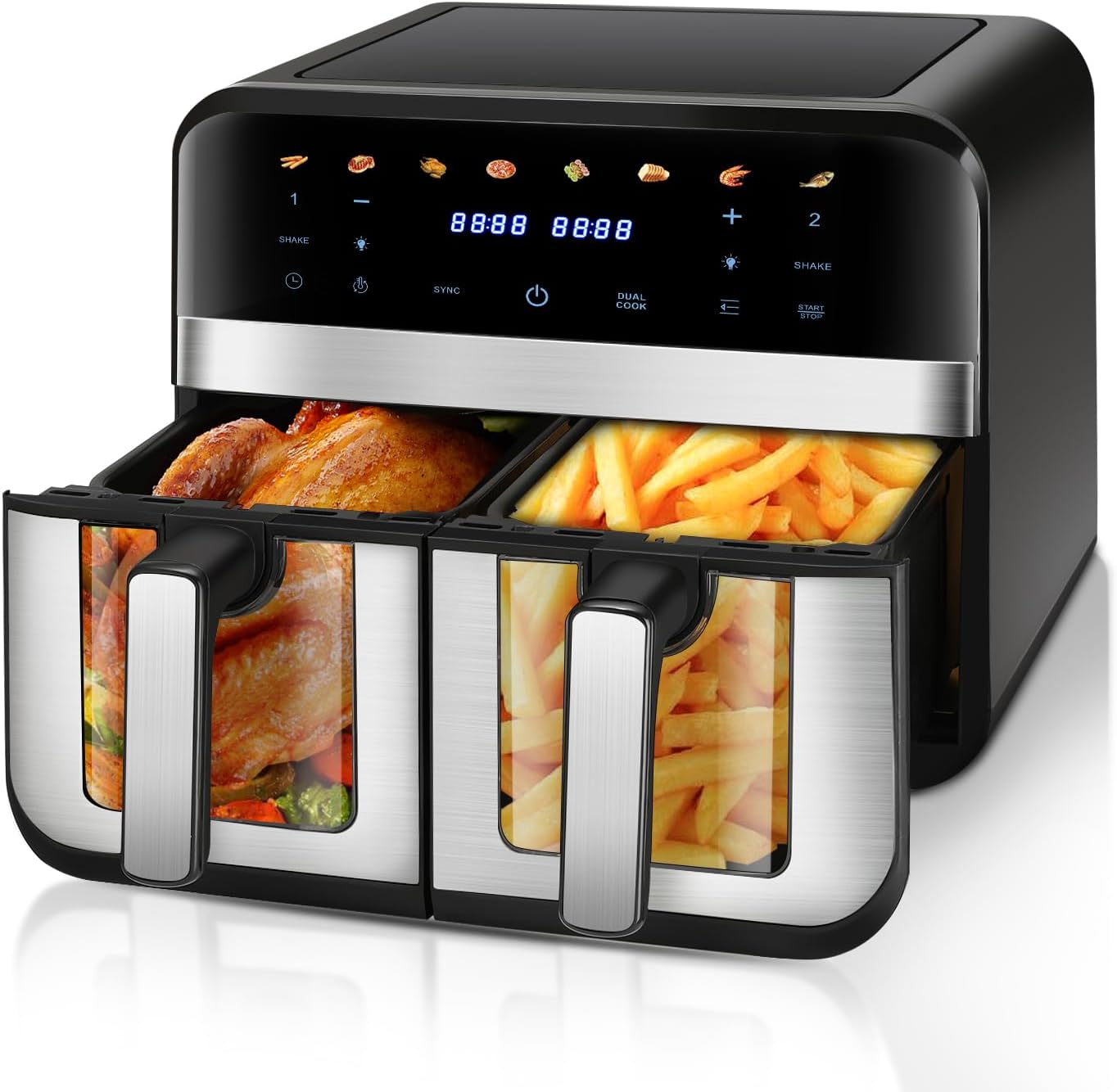 Dual Zone Heißluftfritteuse, XXL 9L Rapid AirFryer, 2 Fächer, 8 Programme, 80°C- 200°C, 2400W, Heißluftfritteusen ohne Öl, Grillen, Backen, Braten, Spülmaschinenfest, Antihaftbeschichtung