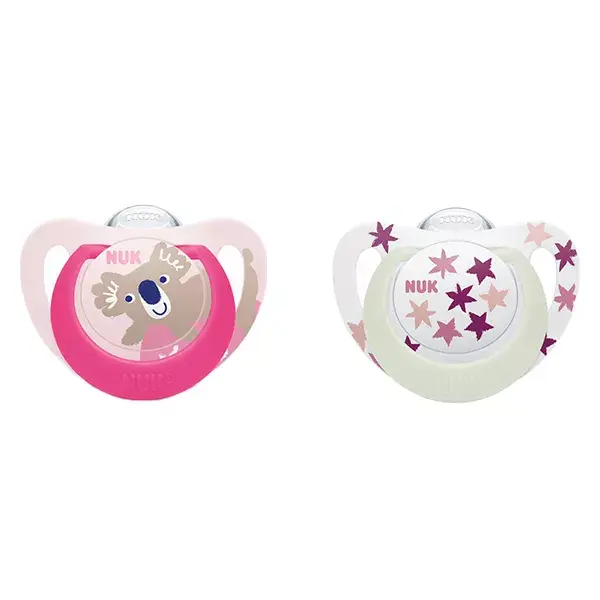 Chupeta de silicone Nuk Starlight +18m com estampa de coala rosa e estrelas (pacote com 2 unidades)