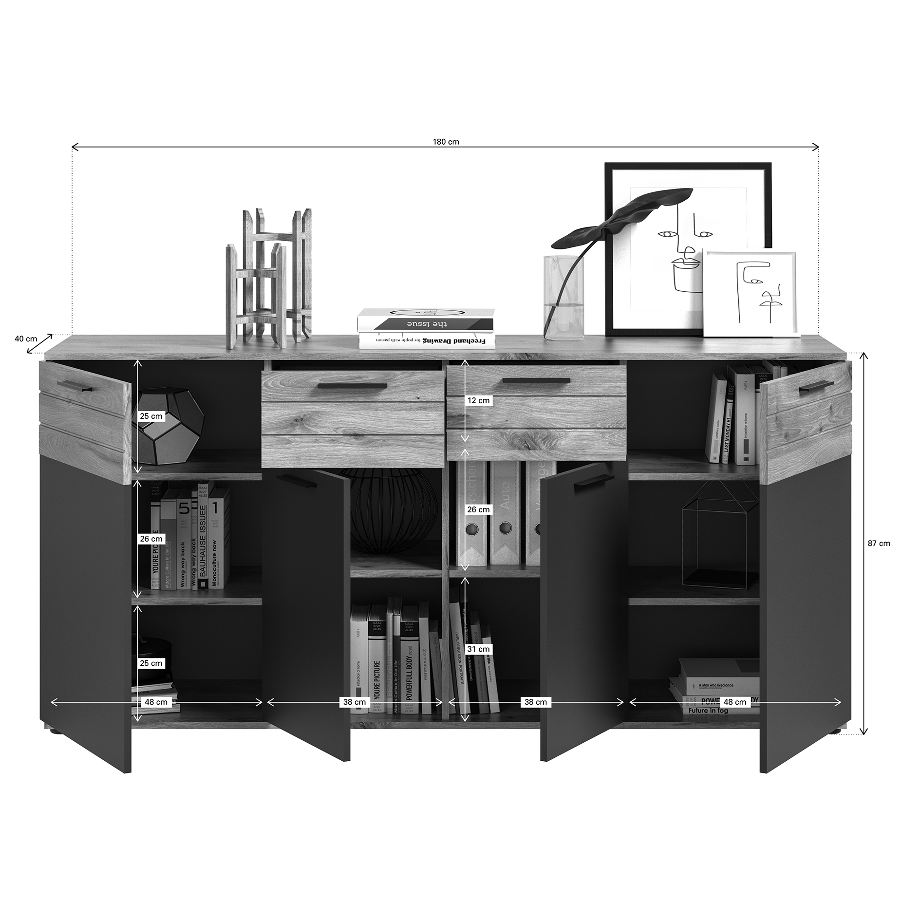 Kommode MASON - Nox Oak - Basalt grau - 180 cm