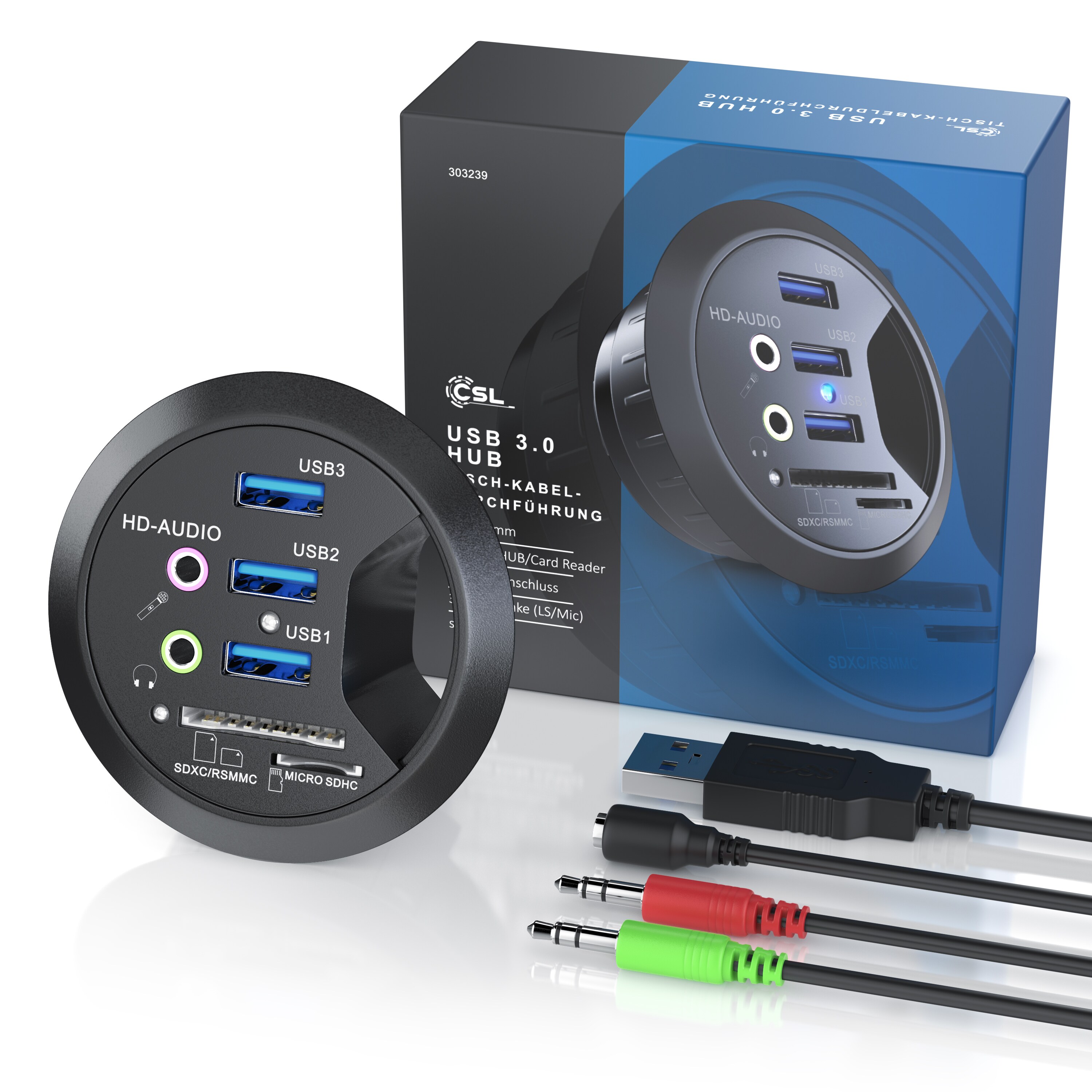 CSL Tisch USB Hub mit Kartenleser & Aux Anschluss 3x USB 3.2 Gen1/ 2x 3,5mm Klinke / microSD + SDXC