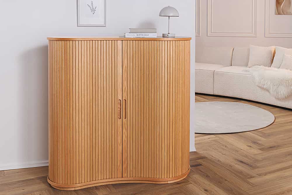 Retro Highboard VALHALLA WOOD 110cm natur Eichenholz mit Schiebetüren