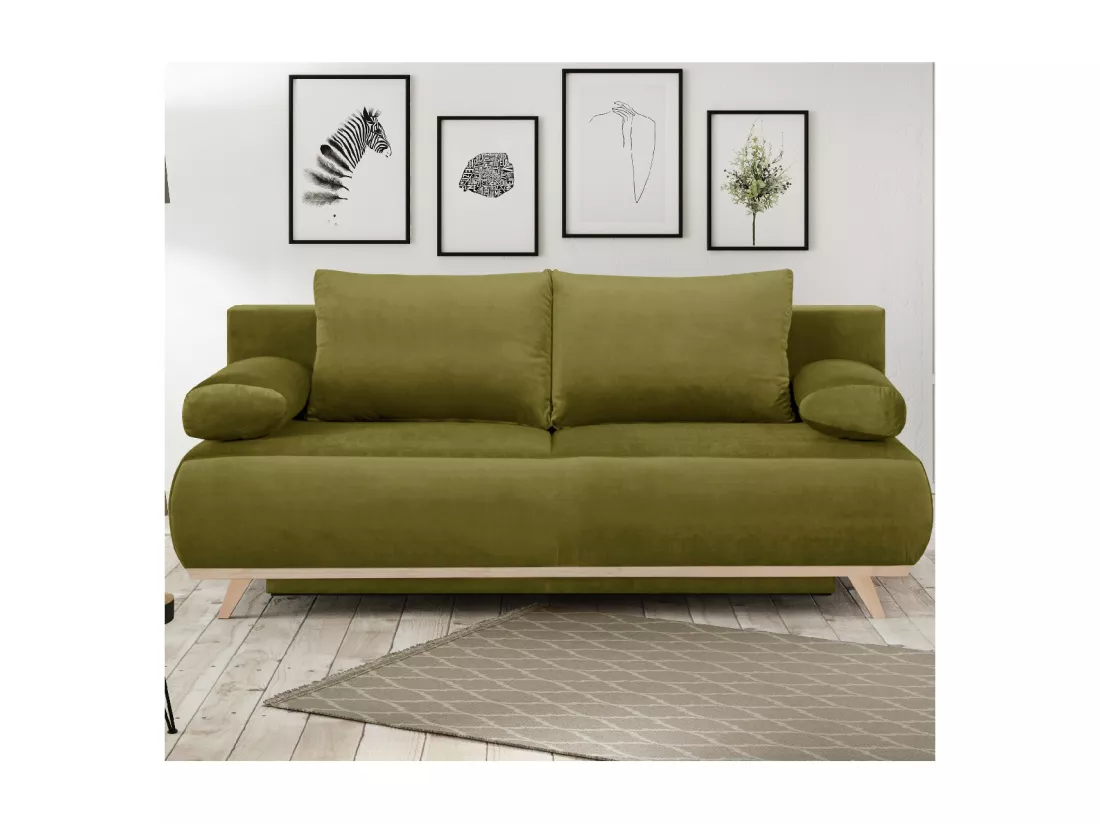 Canapé convertible 3 places avec coffre de rangement en velours vert olive - Laria