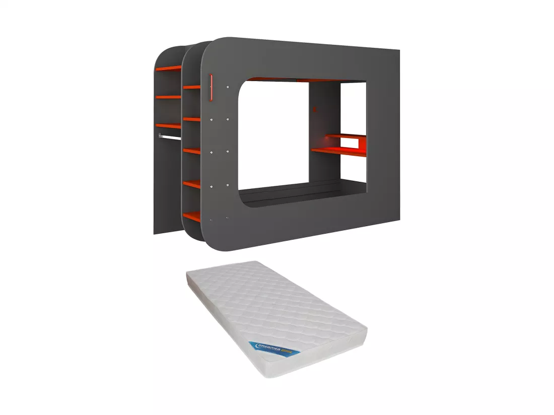 Lit mezzanine gamer 90 x 200 cm - Avec bureau et rangements - Avec LEDs - Anthracite et rouge + matelas - WARRIOR