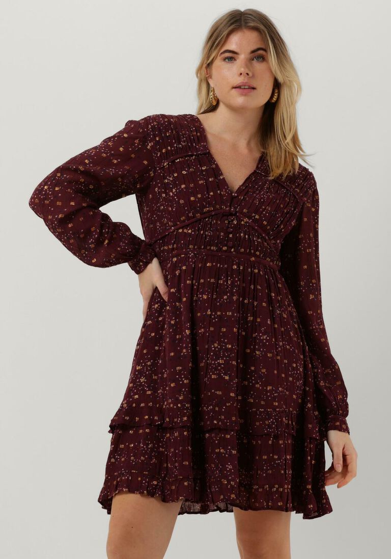 SCOTCH & SODA rode scotch & soda mini jurk long sleeved lurex jacquard ruffle dress with v-neck