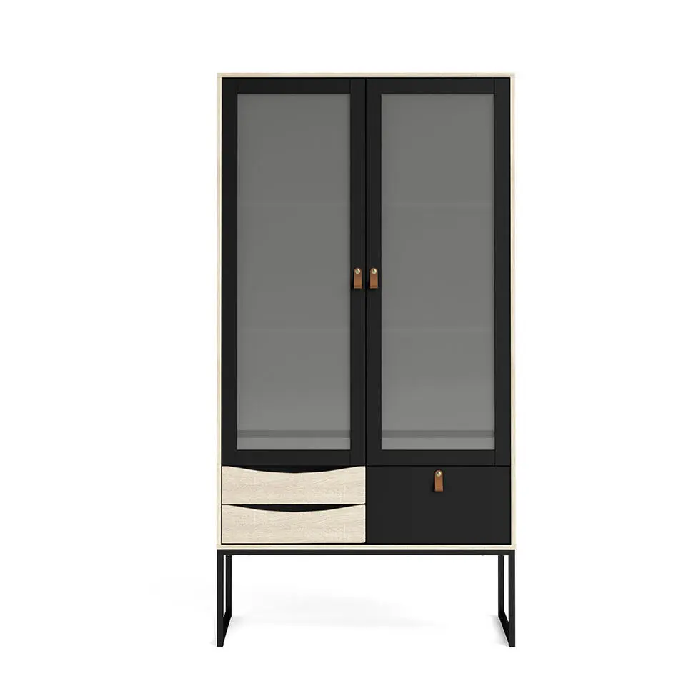 Hioshop Sady vitrinekast 2 glazen deuren- 3 lades mat zwart- eiken decor