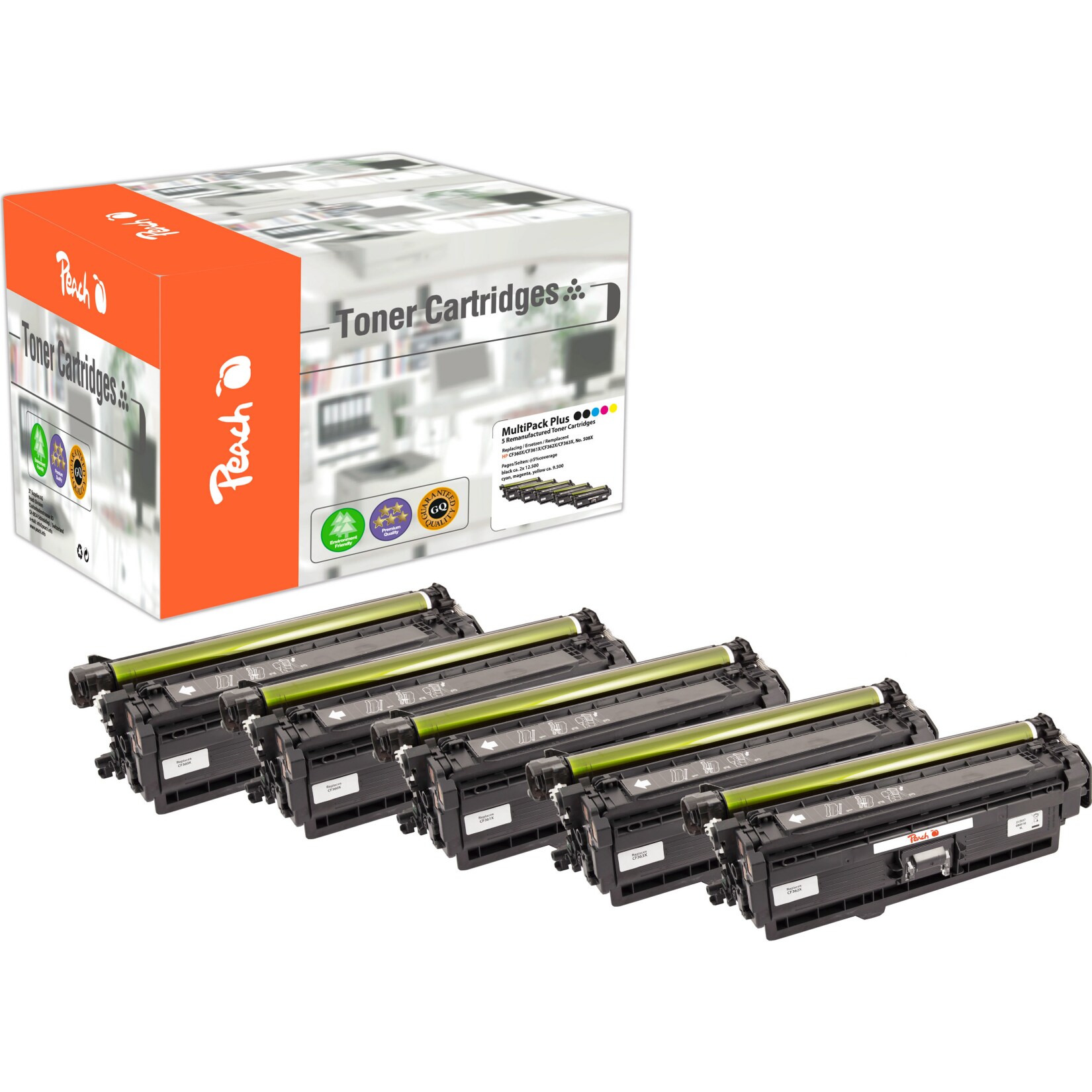 Peach HP 508 X 5 Toner XL (2*bk, c/m/y) ersetzt HP No. 508X, CF360X*2, CF361X, CF362X, CF363X für z.B. HP Color LaserJet Enterprise Flow MFP M 577 c (wiederaufbereitet)