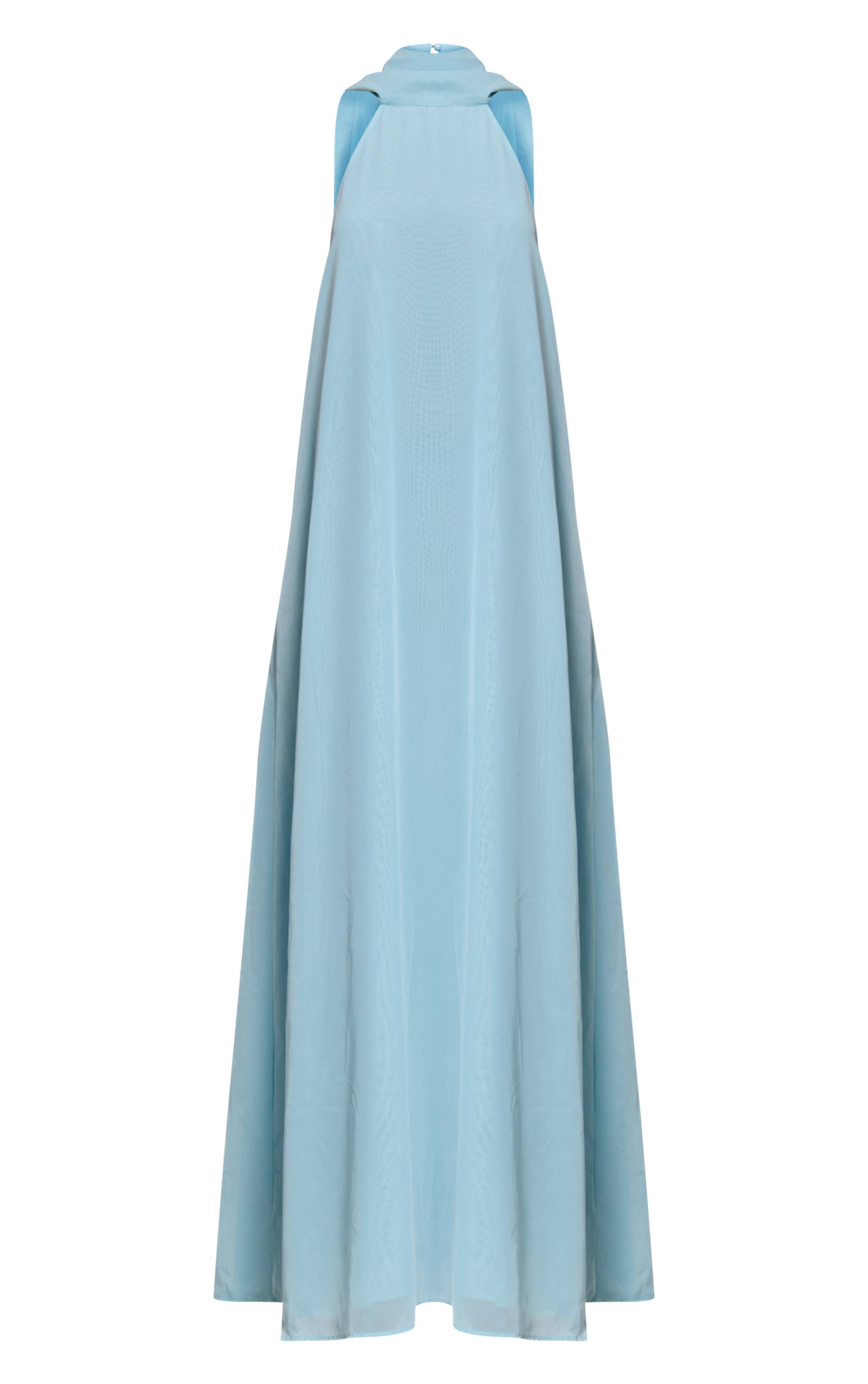 Bleu Poudré Robe Longue En Mousseline Col Montant Avec Détail Foulard