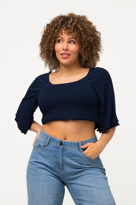 Smok-Shirtbluse, A-Linie, Carree-Ausschnitt, Halbarm