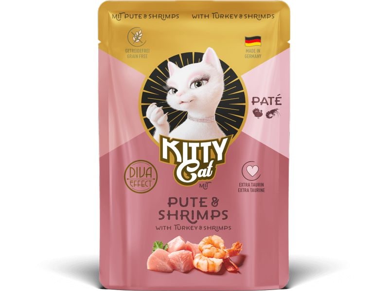 KITTY Cat Nassfutter Paté Pouch Pute, Shrimps 85 g Nassfutter mit Truthahn und Garnelen für Katzen