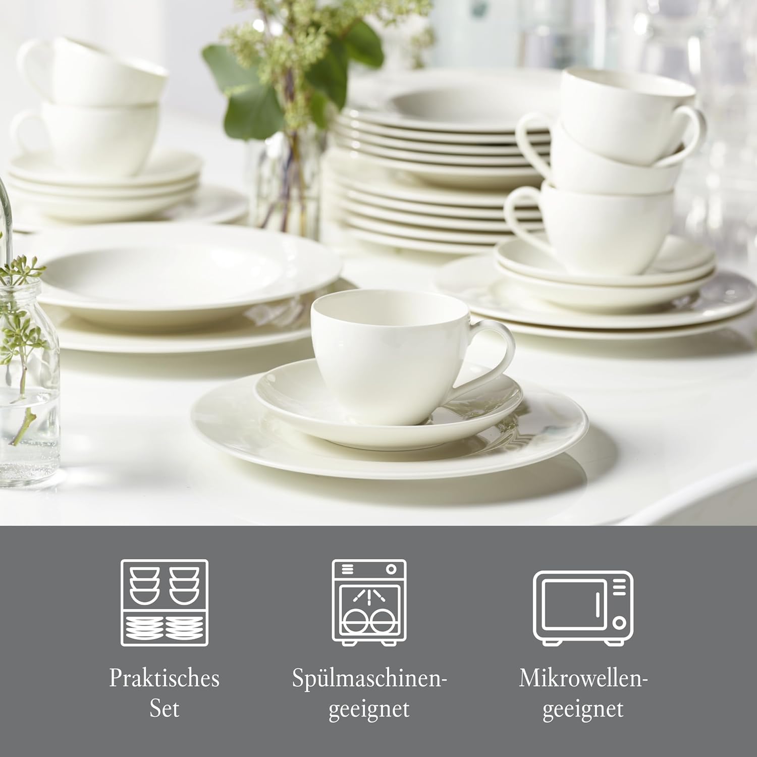 vivo - Villeroy & Boch Group - Basic White Kombiservice 30 Teilig, Spülmaschinenfest, Mikrowellensicher, Tafelservice Weiß, Geschirrset, Kaffeeservice, Keramik, Teller, Tassen, Premium Porzellan