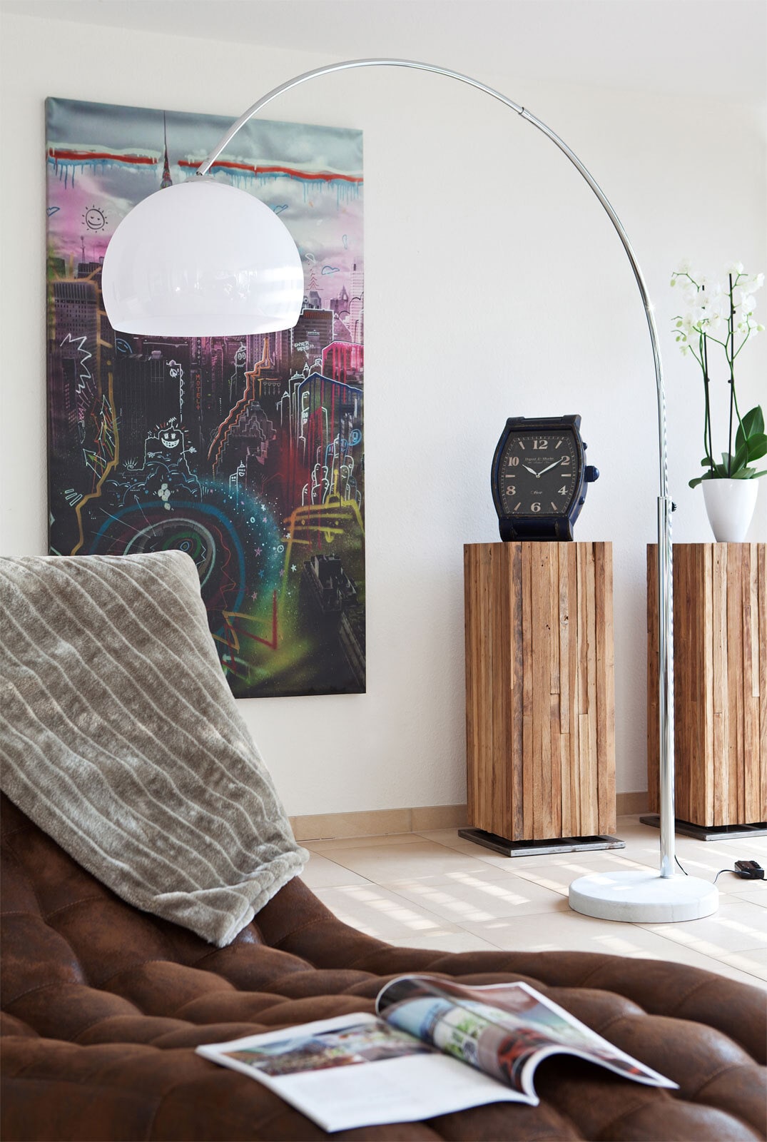 Retrofit Bogenlampe chromfarbig /weiß /Marmor weiß