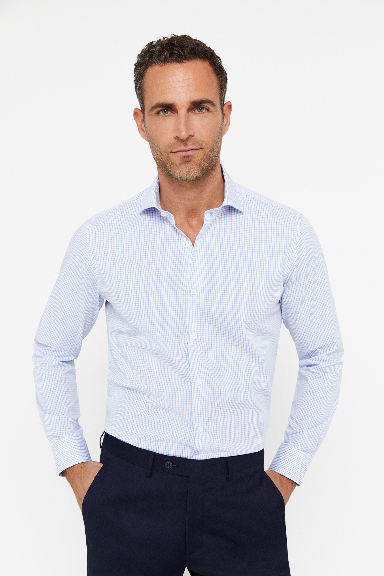 Camisa social xadrez de fácil passar - Azul