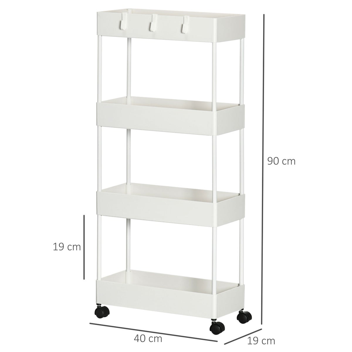 HOMCOM Rolwagen, Keukenwagen met 4 Laden, Opbergplank op Wielen, Serveerwagen met Remmen, Keukenplank voor Slaapkamer, Keuken, Woonkamer, Kunststof, Wit, 40 x 19 x 90 cm