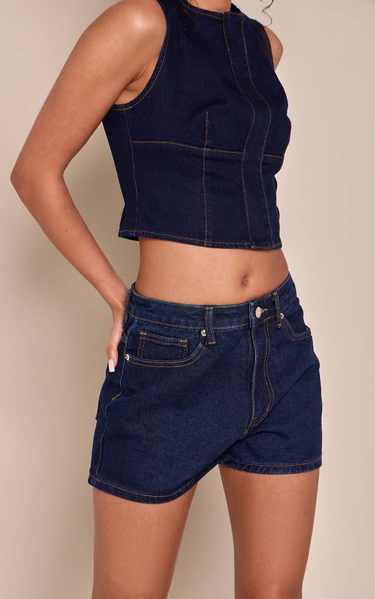 Bleu Indigo Short Mom Taille Haute À Surpiqûres Contrastantes
