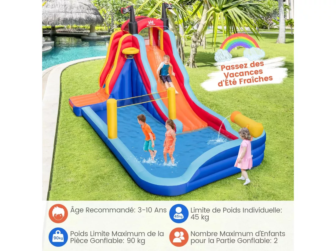 5 en 1 Château Gonflable sur Thème de Pirate avec Toboggan, Parc Aquatique avec Panier de Basket et Canon à Eau, Sac de Transport, Charge 90kg pour 2 Enfants de 3-10 Ans (sans souffleur)