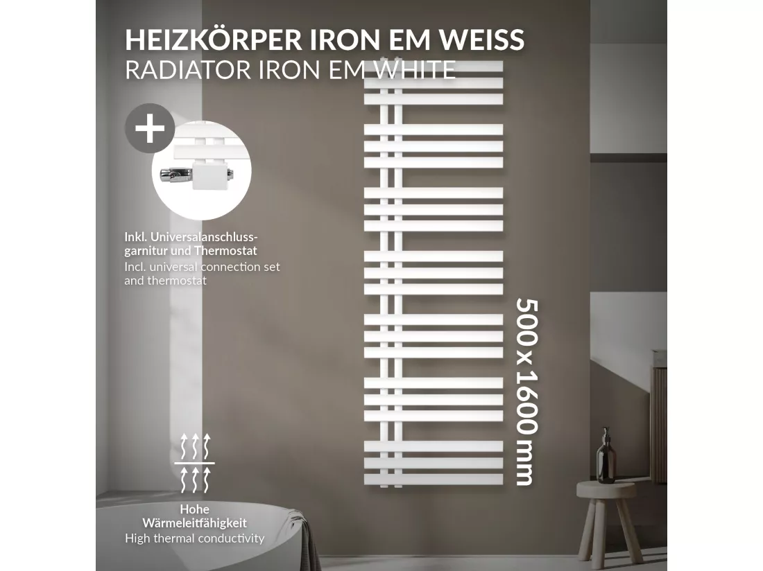 Radiateur Design Iron EM 500x1600 mm Blanc Raccord Central au Bas avec Garniture