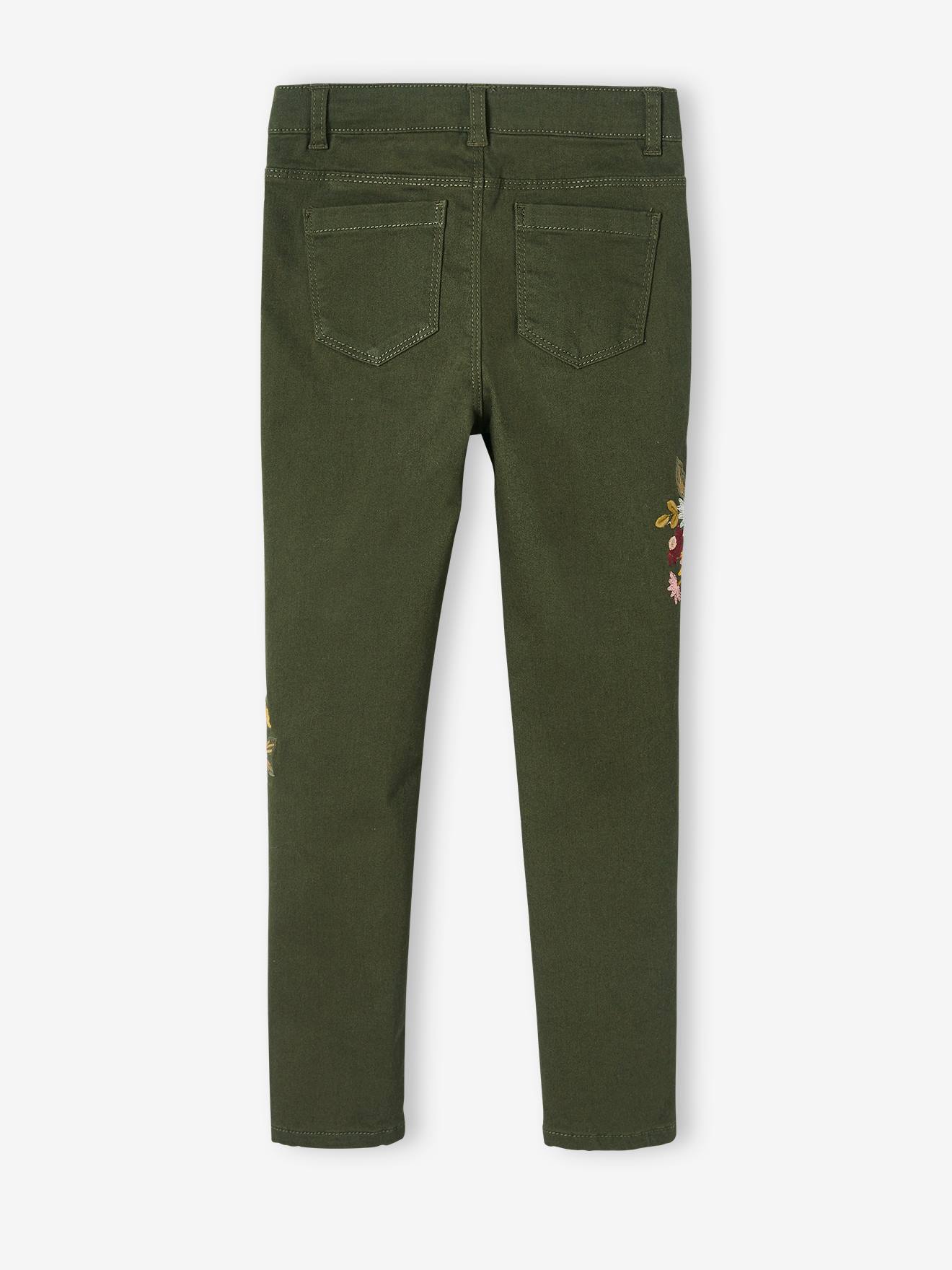 Calças justas com bordado floral e cintura alta, lisas em tom castanho claro com motivos florais para meninas.