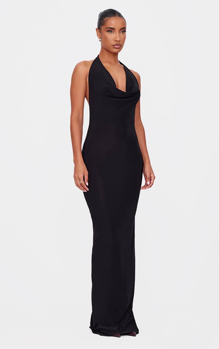 Noir Robe Longue Toucher Doux Col Bénitier Détail Dos Torsadé