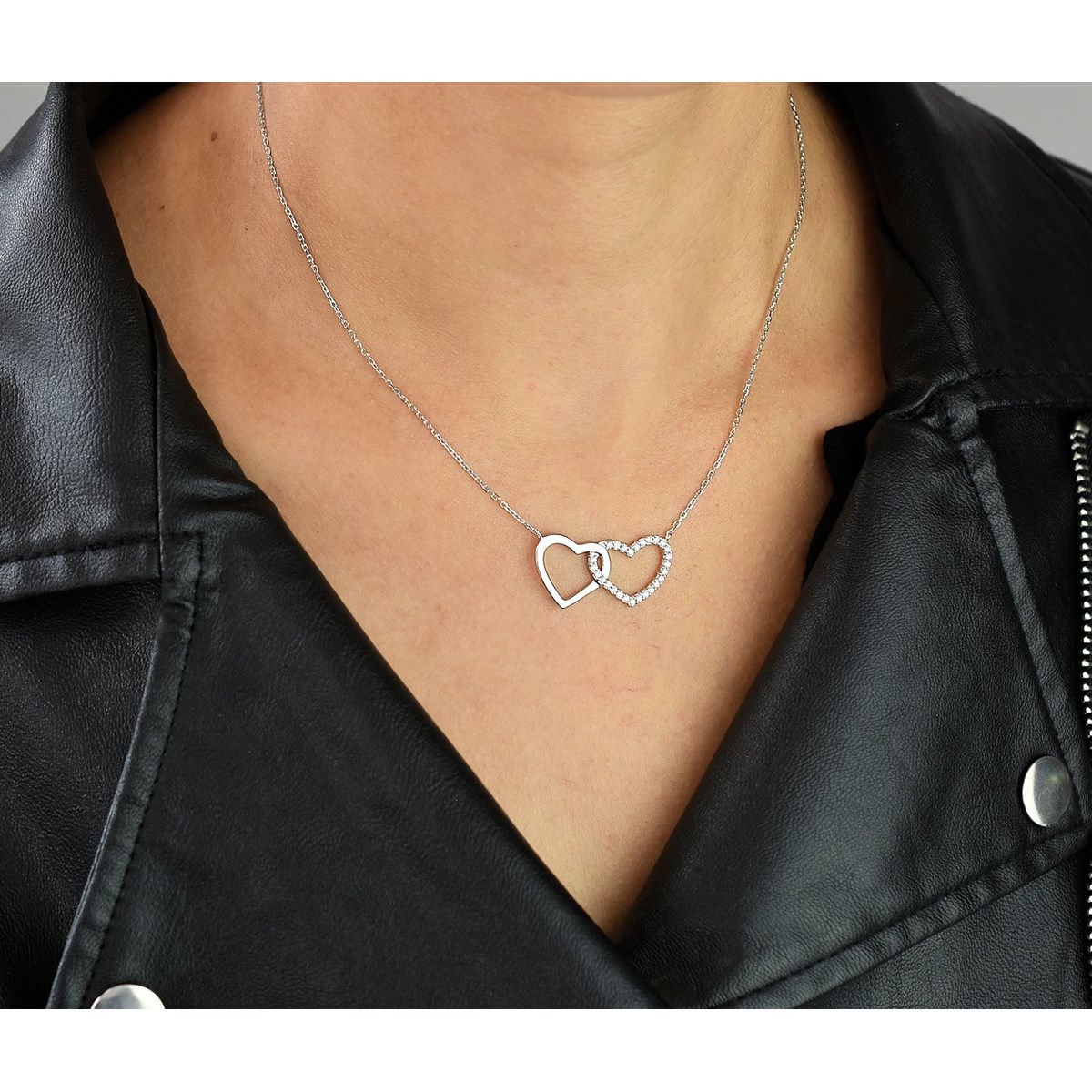 Collier 2 coeurs oxyde de zirconium enlacés Argent 925 Rhodié
