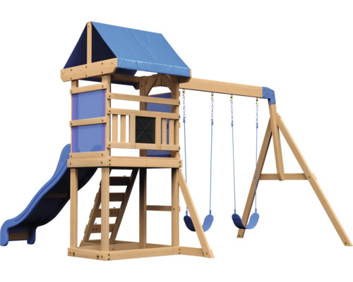 Speelhuis/Toren Achtertuin DISCOVERY 270 x 310 cm Hout Bruin, Blauw bestaande uit basistoren, schommel, glijbaan