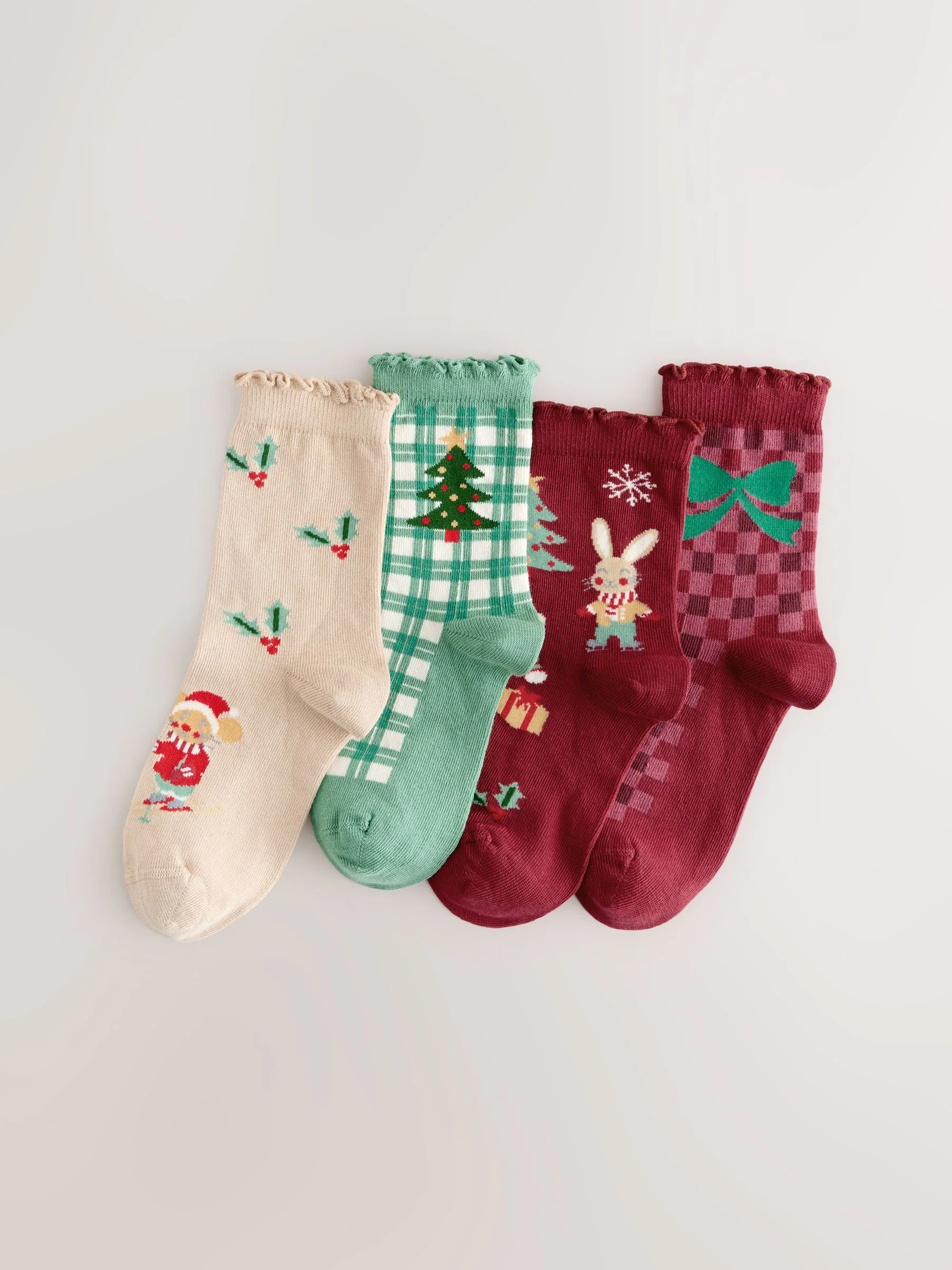 Rood/groen en crème - Katoen Rich Christmas Character enkelsokken set van 4