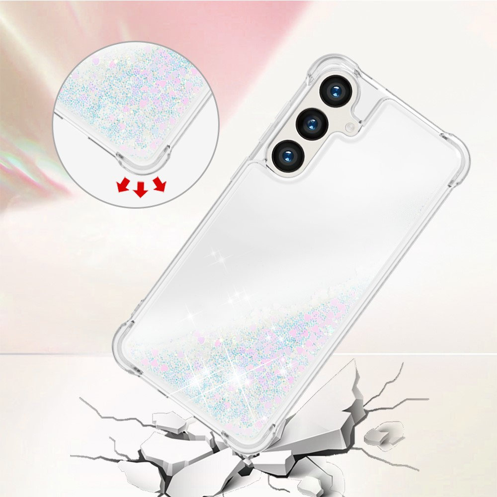 Samsung Galaxy S24  Plus Hardcase Hülle mit Air Cushion Fallschutz Liquid Case Glitzer Herzen - Silber / Transparent