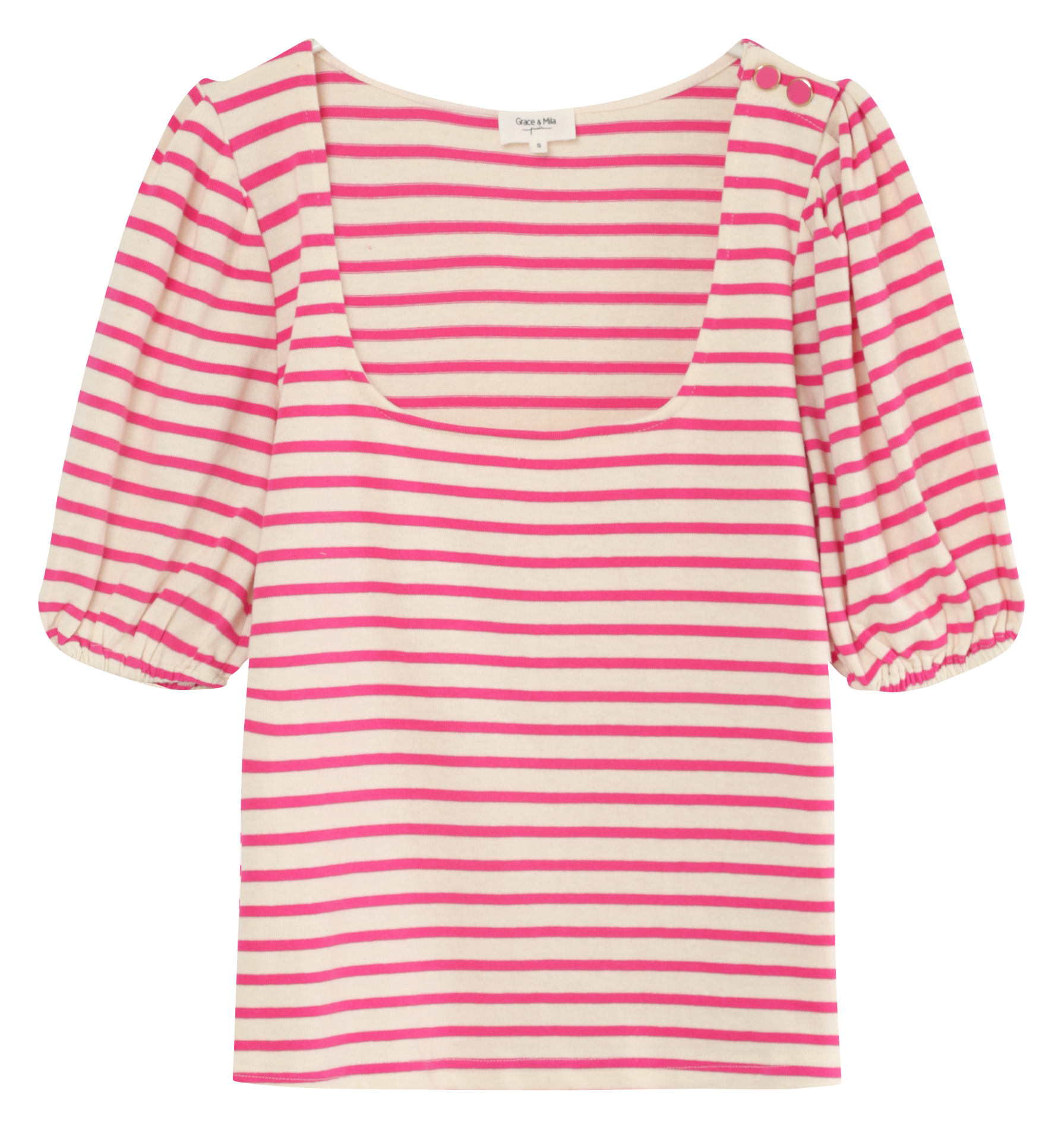 EMILE - Tee-shirt col carré rayé en coton | Rose