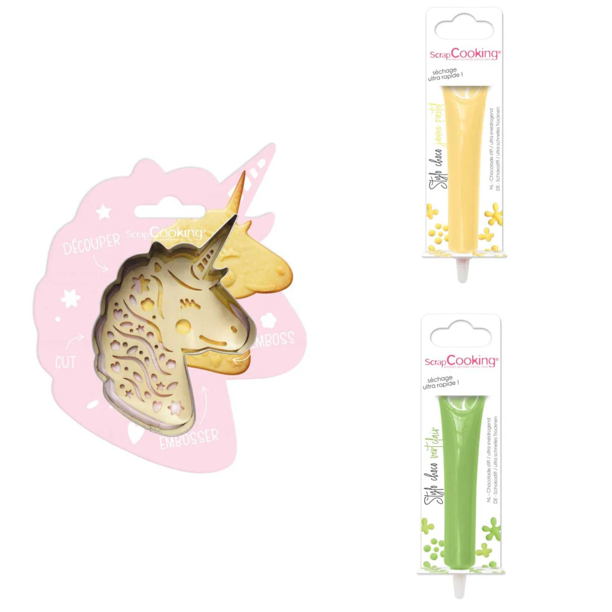 Kit pour biscuit en relief Licorne + 2 Stylos au chocolat jaune pastel