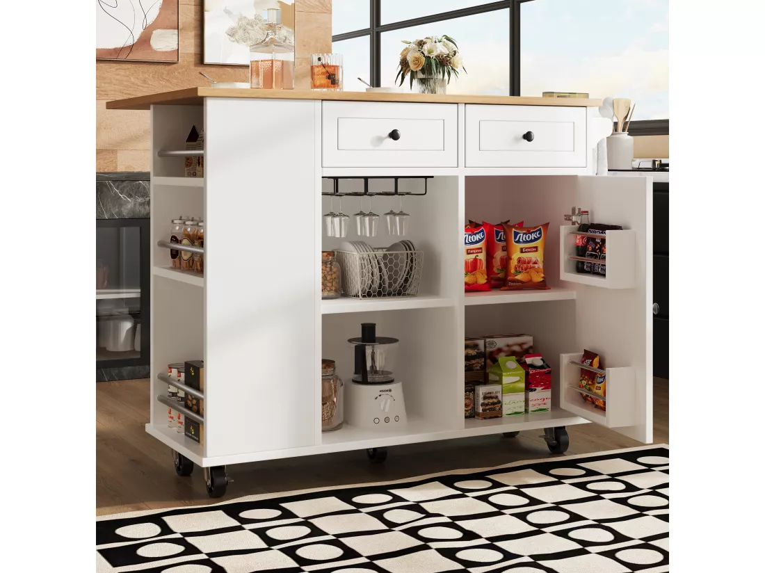 Ilot central de cuisine mobile avec 2 tiroirs, 1 porte et compartiments - 120x42/76x91.5cm - MDF et métal - Blanc + naturel