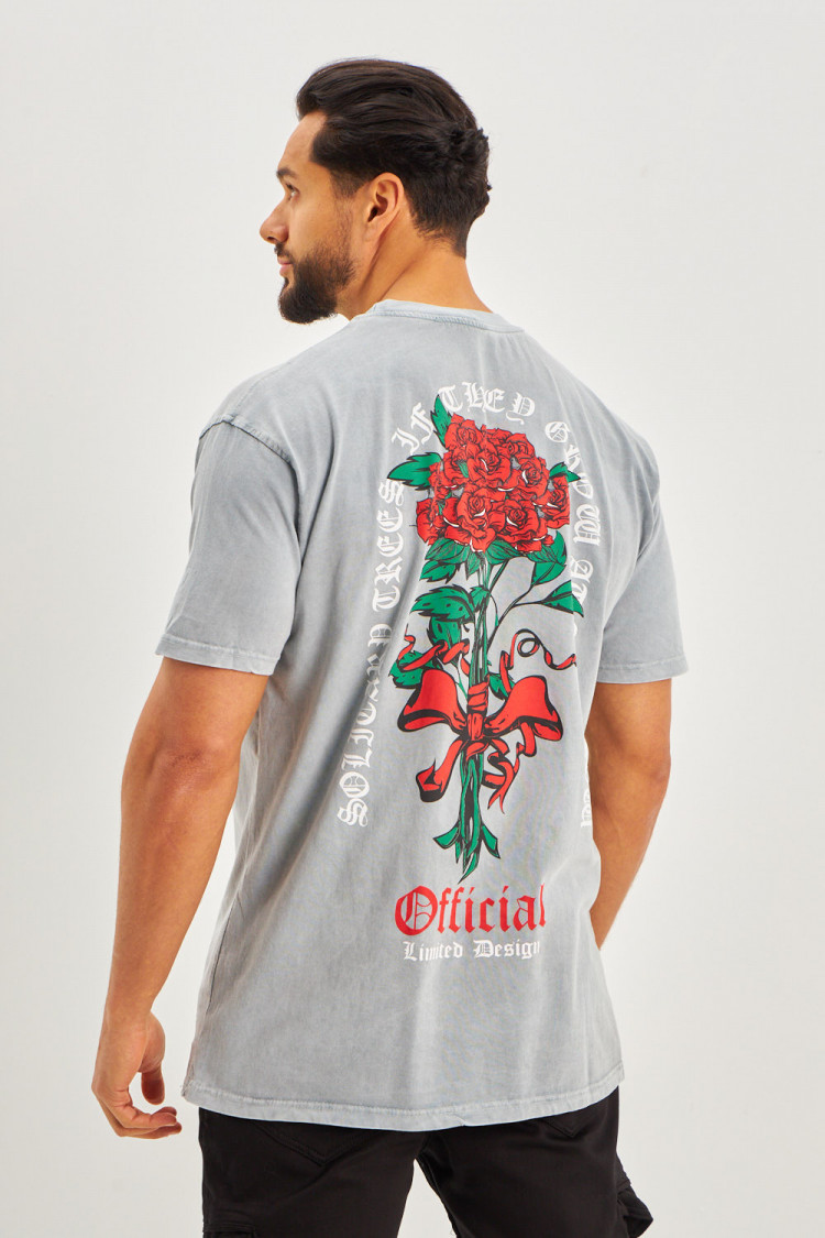 T-shirt gris bouquet de roses rouges