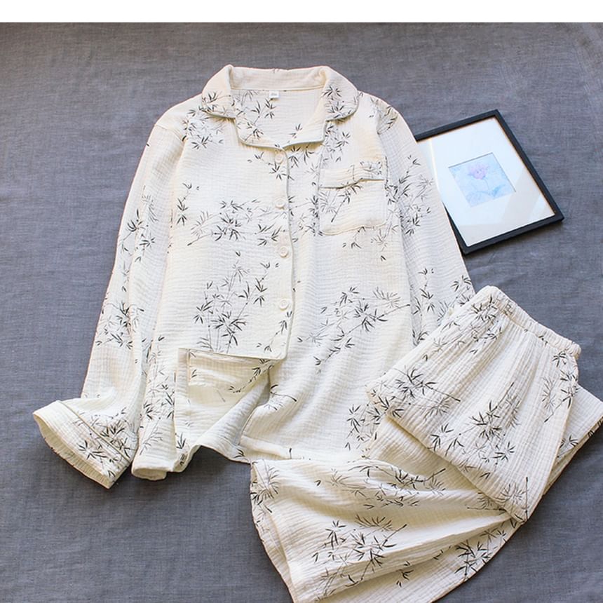 Dogini - Bijpassende pyjamaset voor koppels: shirt met bladprint + broek