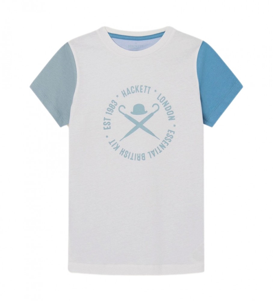 Camiseta Hackett com logo grande, branca e azul.