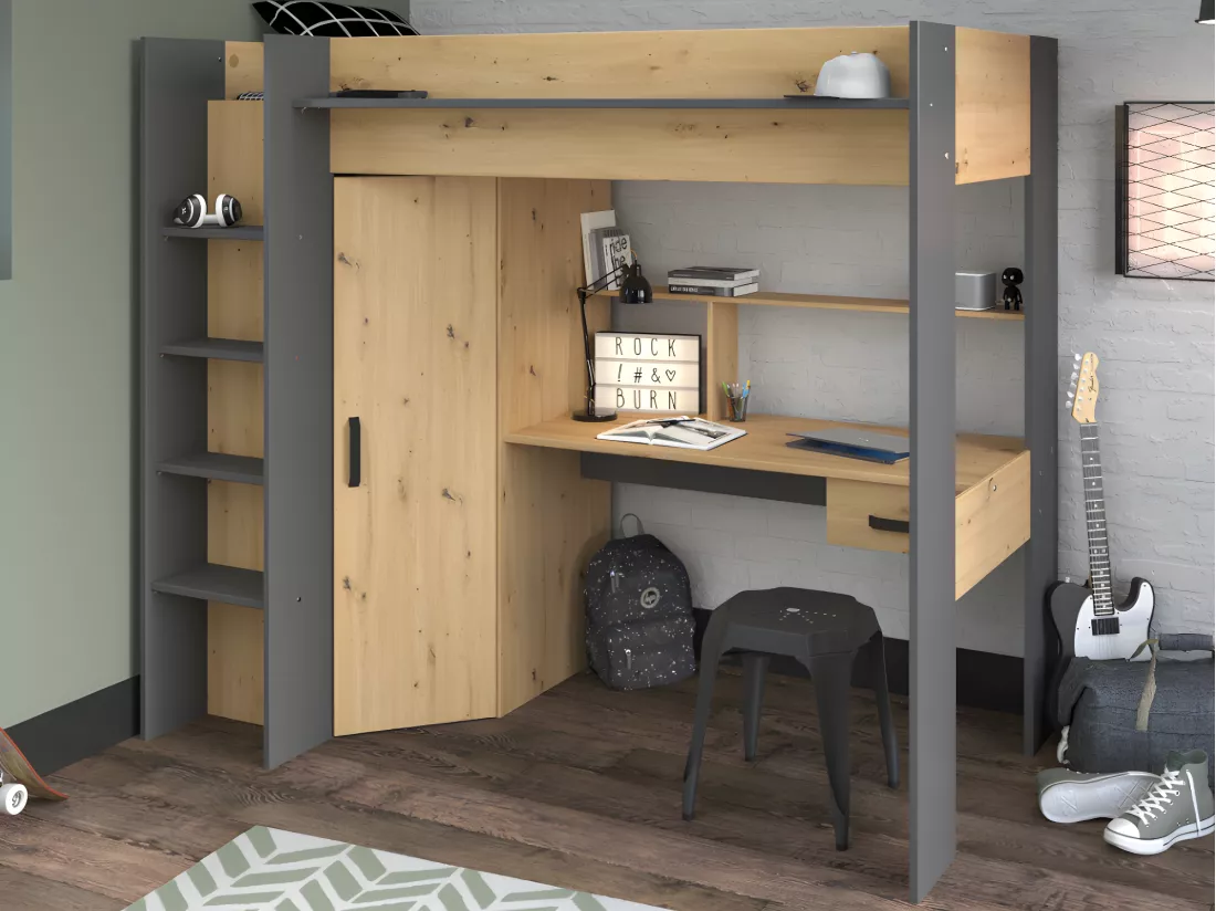 Lit mezzanine avec bureau et armoire - 90 x 200 cm - Coloris : Chêne et anthracite + matelas - AUCKLAND