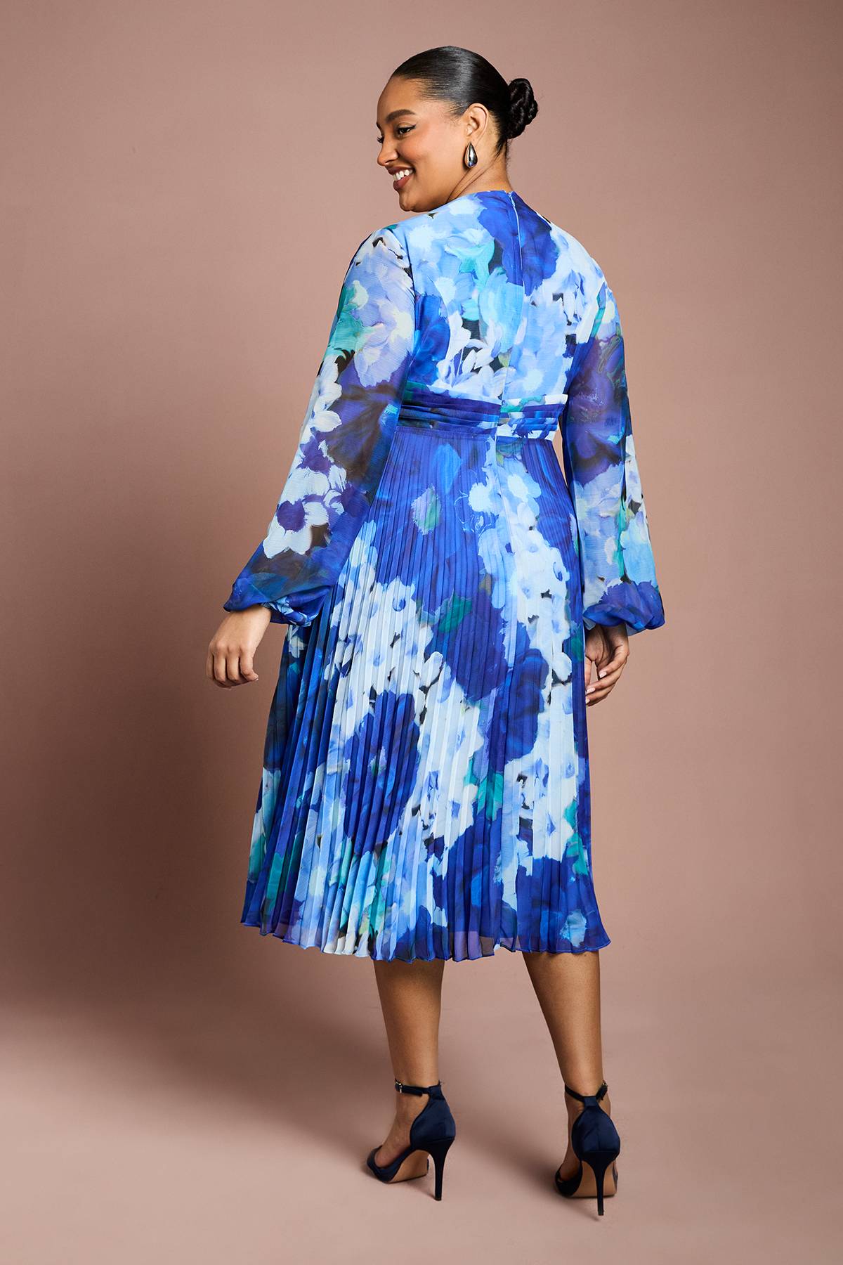 Coast Robe Mi-Longue Plissée à Manches Longues Imprimé Floral Grande Taille