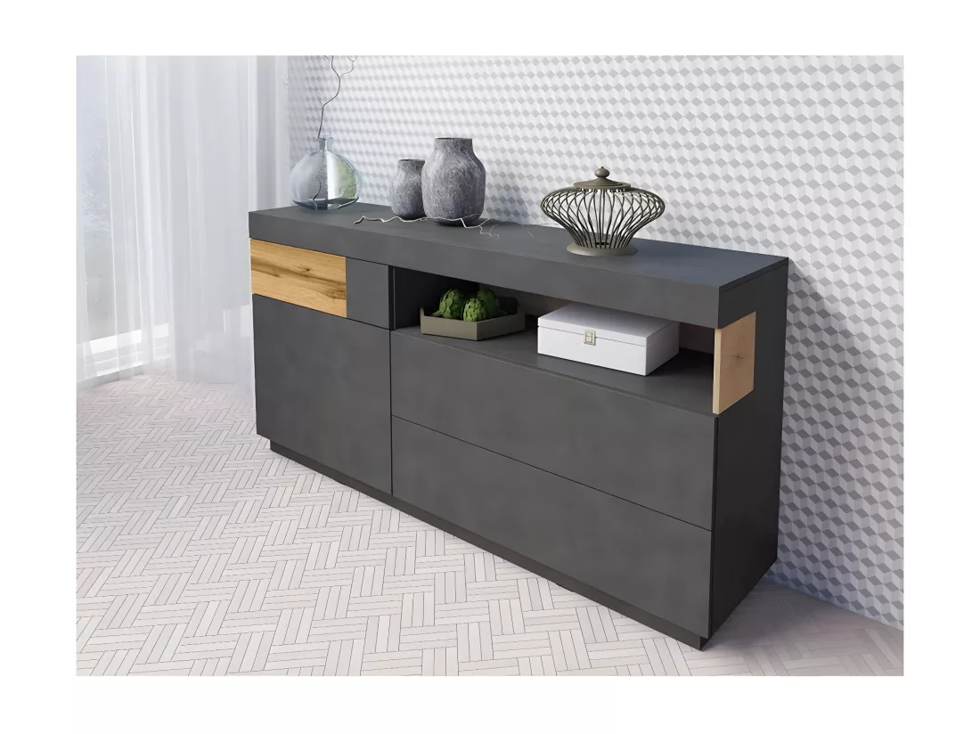 Buffet collection KILES 170cm. Coloris gris anthracite et chêne. Style design