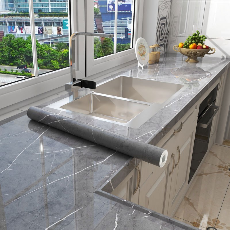 (60x500cm) Selbstklebende Marmor Küchen Arbeitsplatten Schutzfolie Zuschneidbarer Marble Spritzschutz - Grau