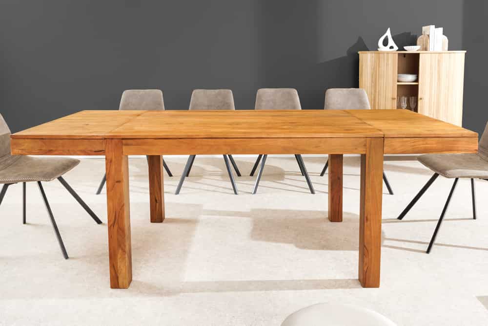Massiver Holz Esstisch PURE 120-200cm natur honey finish Akazie mit Ansteckplatten
