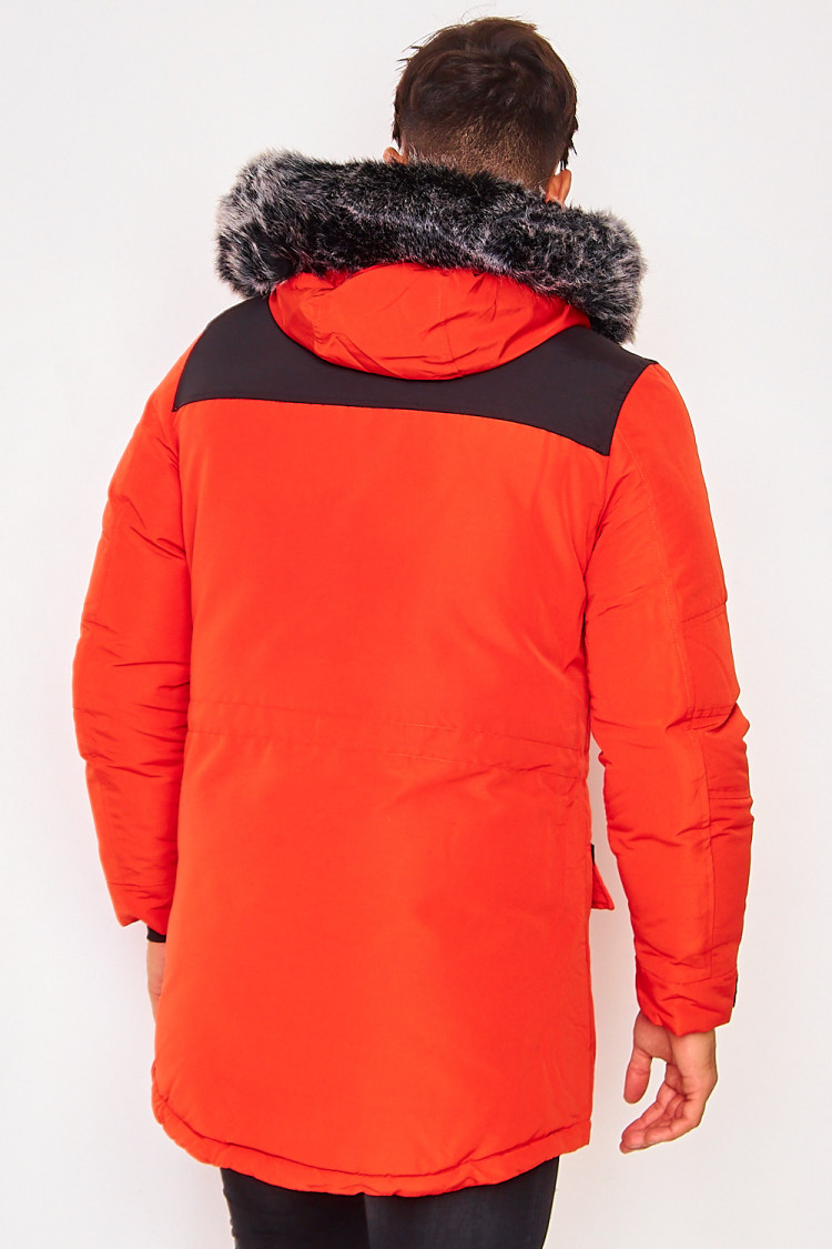 Parka orange/noir capuche à fourrure